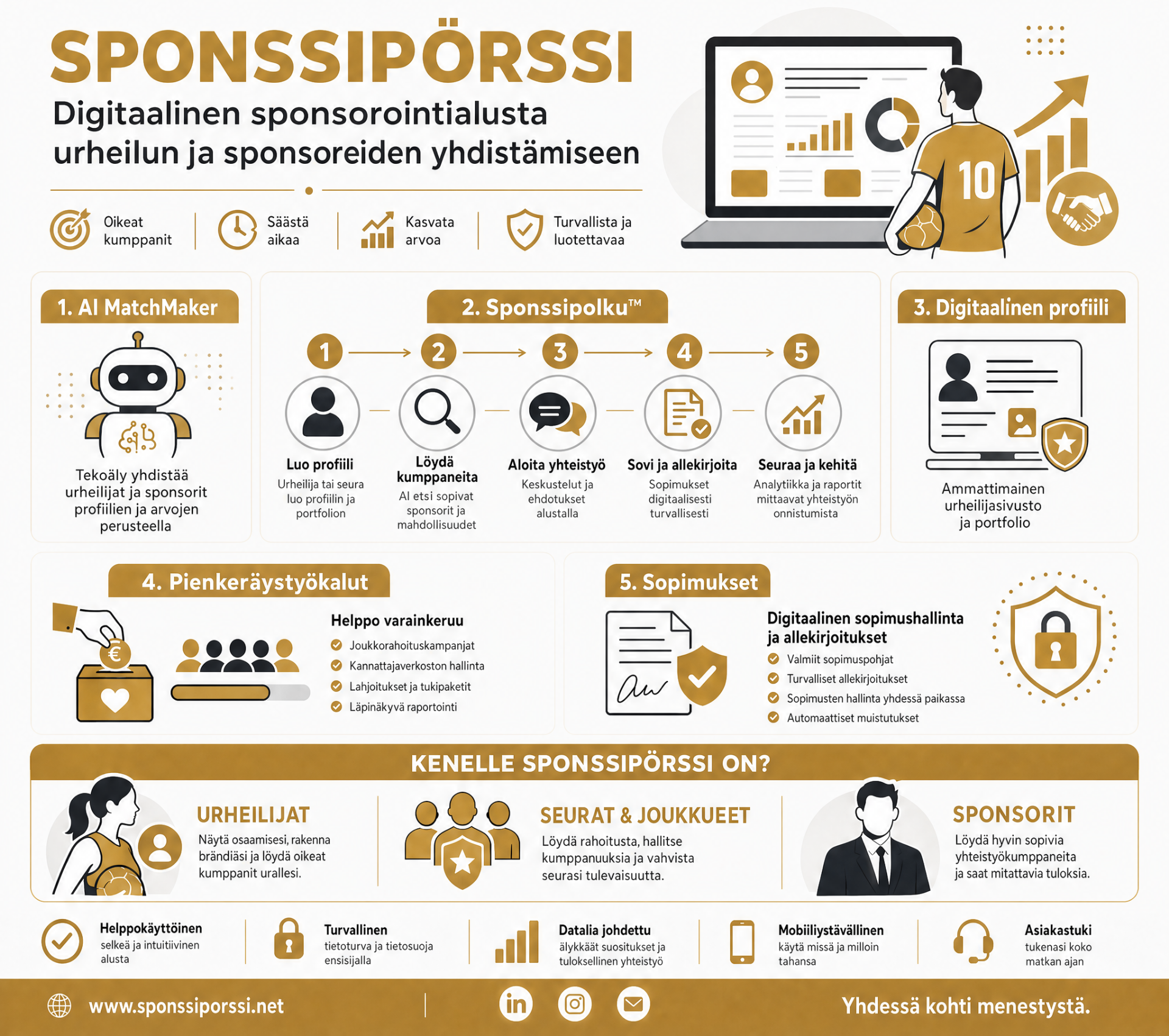 Sponssipörssin kokonaisuus: osaaminen, urheilijaprofiili, arvolupaus, kohdentaminen, kohtaaminen ja kumppanuus.